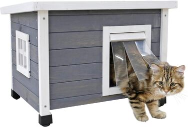 Будинок для котів Kerbl Rustica з дерева, з маятниковими дверима, вікнами з акрилу, регульованими ніжками, коричнево-зелений, 57 x 45 x 43 см