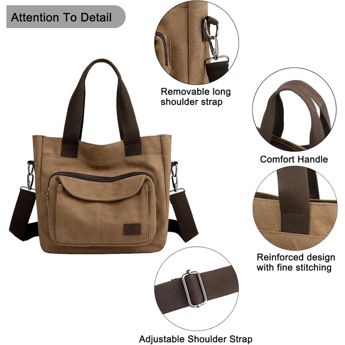 Сумка жіноча Canvas Hobo через плече, повсякденна крос-боді сумка-тоут для пляжу, багатофункціональна сумка з відділеннями, вінтажна сумка для роботи, подорожей, університету (Коричнева)
