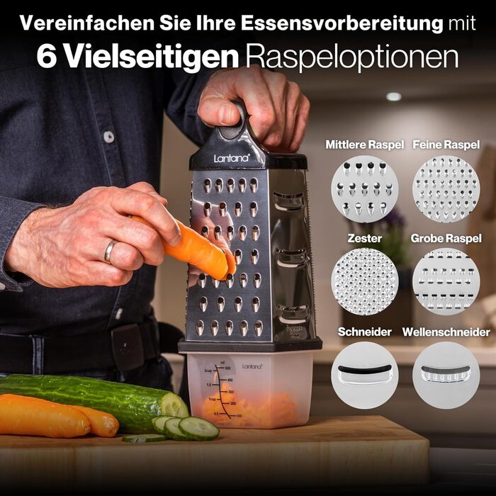 Тертка Lantana 6-стороння з контейнером - ручна тертка/хоботель/подрібнювач. 6 незамінних функцій для кухні: грубе, середнє, дрібне та мікро-терття/стругання/подрібнення.