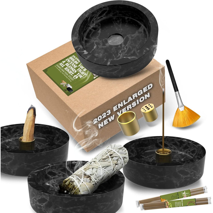 Incense Holder, Marble Incense Burner 2023 Upgraded Large incense holder for incense cones, Palo Santo cones, incense ash catcher with incense sticks as a gift (Black)