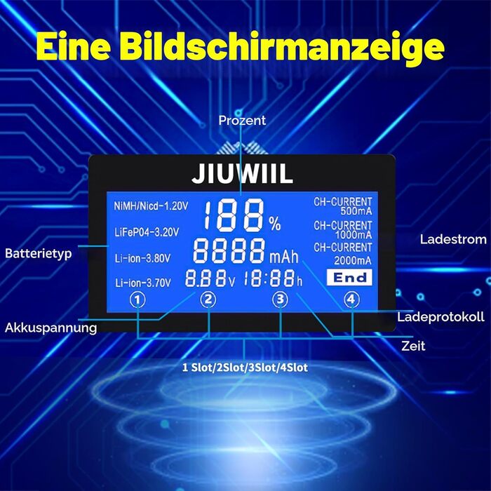 Зарядний пристрій JIUWIIL для акумуляторів 18650, 26650, Li-ion, LiFePO4 з LCD-дисплеєм - 4 слоти, швидка зарядка