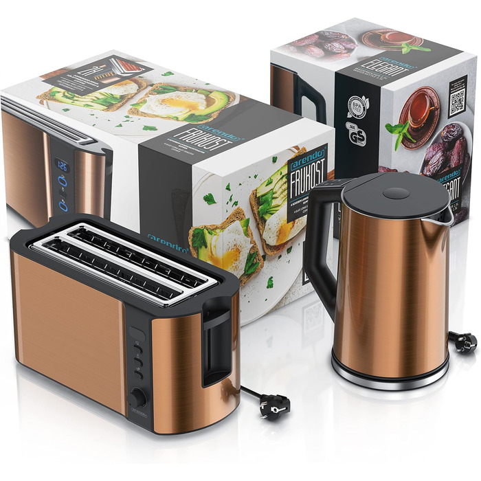 Набір чайник та тостер Arendo з нержавіючої сталі, колір мідний. Чайник: 1,5л, підтримка температури 40-100°C. Тостер: 4 тости, дисплей, 6 рівнів підсмажування, підставка для бургерів.