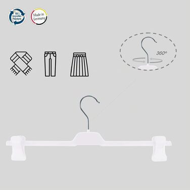 Вішалки для штанів RSR-Hangers® білі, 20 шт, XL PUC, пластикові пліччики з регульованими протиковзкими затискачами, 42 см, поворотний гачок 360°, Made in Germany
