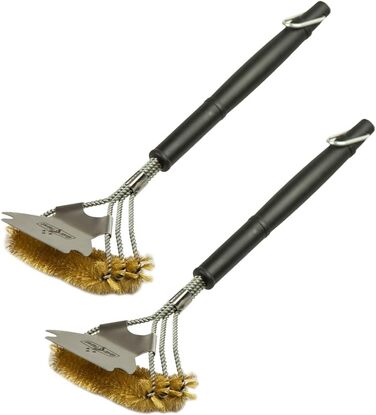 3X Grillfürst Premium Grill Brush with Brass Bristles, 45 cm - Grill Cleaning Brush for Grill Grates, Grill Grate Brush with wide 3-fold brush head and scraper (2x Brass with scraper)