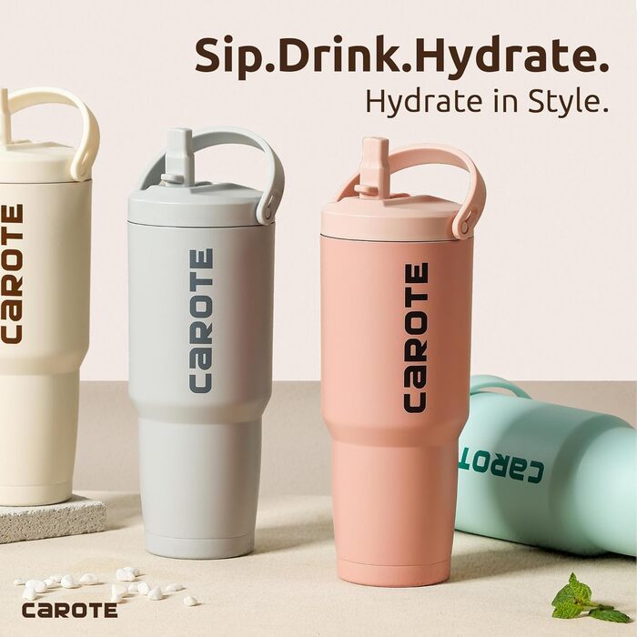 CAROTE Stainless Steel Water Bottle with Straw 960ml, Vacuum Thermos Bottle with Flexible Lid, Leak-Proof, BPA-Free, Double-Walled Insulated Bottle for Hot and Cold Drinks (White)