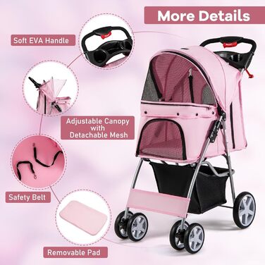 Собачий візок SOARS для тварин до 15 кг, розкладний, з сітковими віконцями, тримачем для напоїв та кошиком для зберігання, для маленьких тварин (Рожевий)