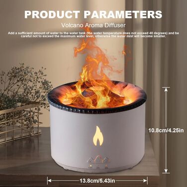 Vulkan Humidifier Flame Aroma Diffuser: 360ml Aromatherapy Humidifier 2 Mist Modes Humidifier Remote Control Oil Cold Mist Diffuser with Night Light for Home, Gym