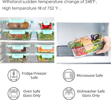 Набір з 10 скляних контейнерів для зберігання продуктів, з кришкою, BPA-Free, підходить для мікрохвильової печі, морозильника та посудомийної машини (м'ятно-зелений)
