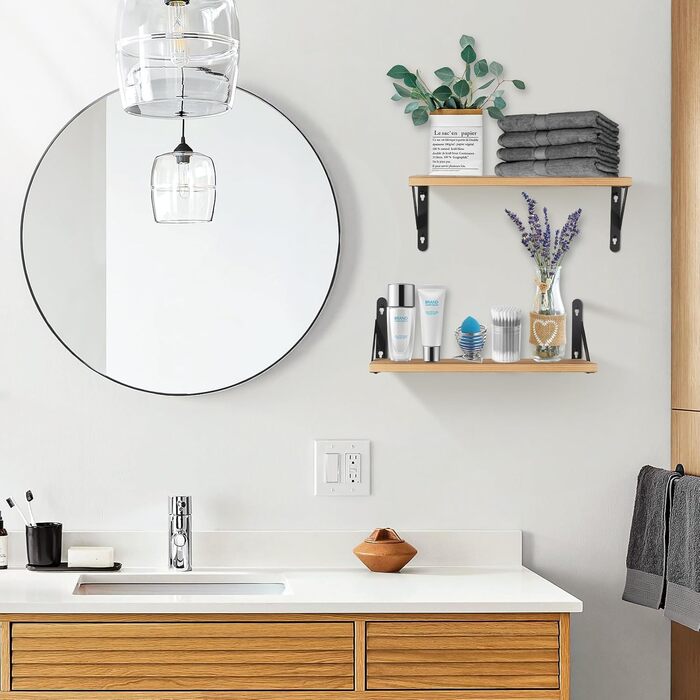 Настінна полиця з дерева, 2 шт. у комплекті, рустикальний стиль, з тримачем для рушників, світло-коричневий колір, для спальні, вітальні, ванної кімнати, кухні, офісу