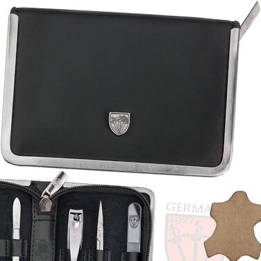 Набір для манікюру та педикюру DREI SCHWERTER 'Ferrara' 6 предметів, німецька якість, чорна шкіра | Манікюрний набір, шкіряний чохол, 6 предметів: ножиці для нігтів, ножиці для кутикули, кусачки, скляна пилка, засіб для очищення нігтів, пінцет