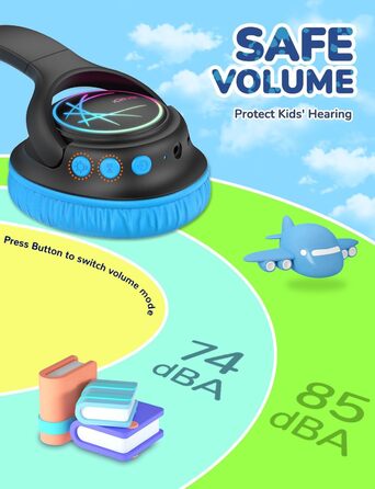 iClever Бездротові навушники для дітей з LED-підсвіткою, обмеження гучності 74/85дБ, 43 години роботи, стерео звук, Type-C, AUX-кабель, Bluetooth 5.3, для планшетів/подорожей (Чорний та фіолетовий)