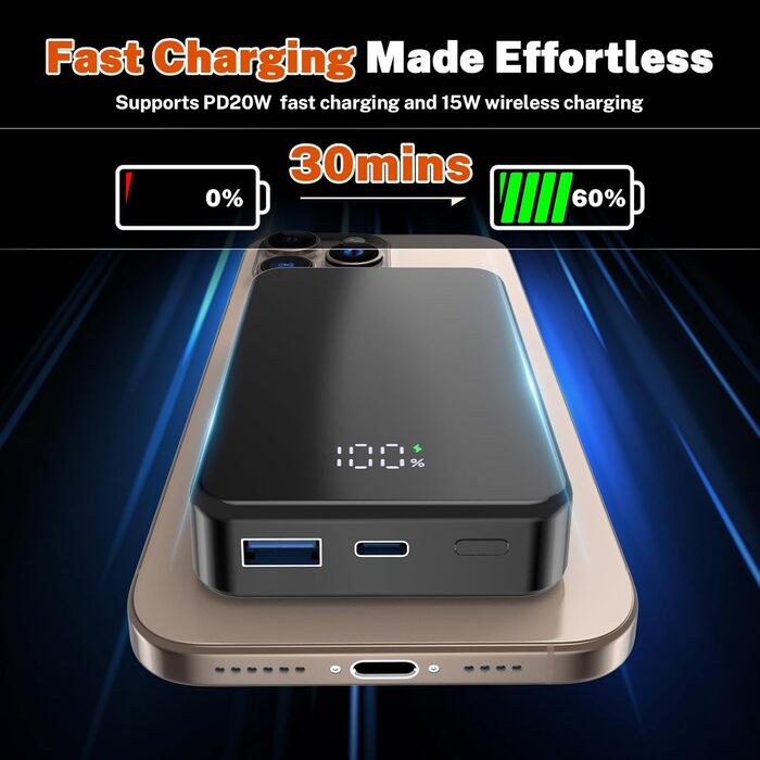 Магнітний портативний Power Bank 26800mAh з USB-C, для iPhone 16/15/4/13/12 та Android, сірий/чорний