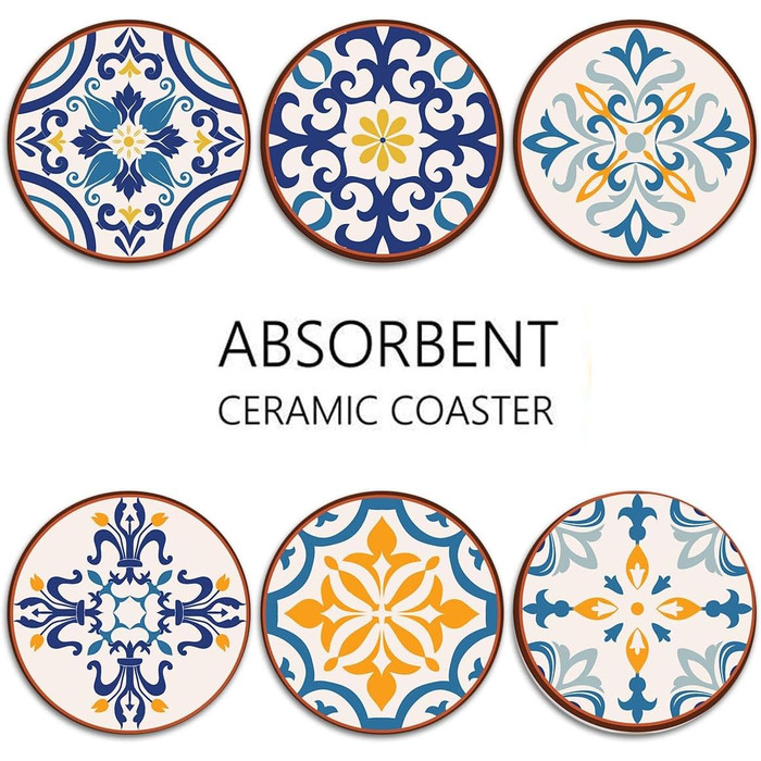 Drink Coasters 6-Piece Set, Geometric Tribal Boho Blue Red Absorbent Round Ceramic Stone Mat with Cork Bottom and Metal Holder, Housewarming Gift Bar Decor (Talavera Tile)