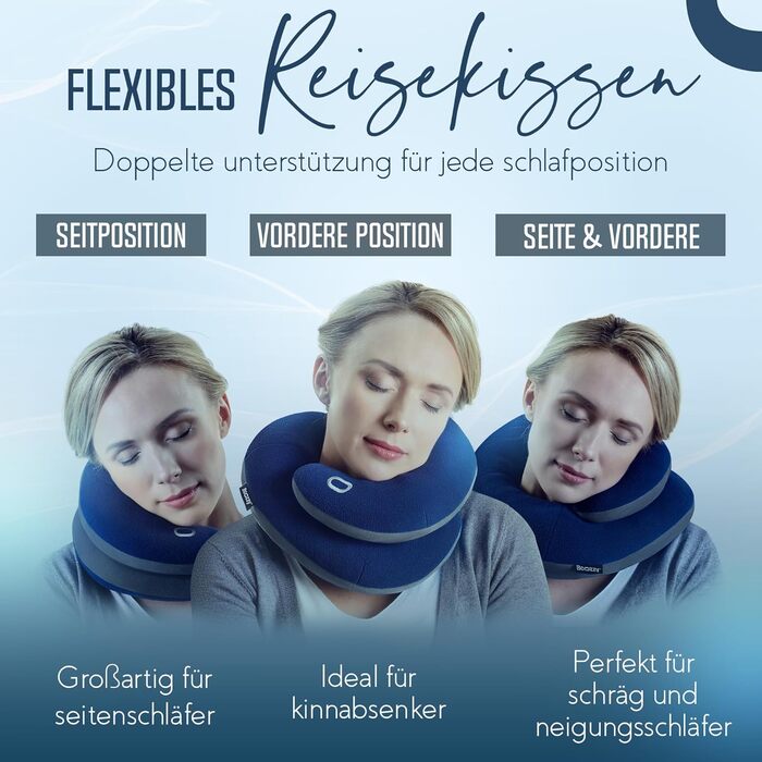 BCOZZY Neck Pillow for Airplane – Patented Travel Pillow with Double Support for Head, Neck, and Chin. Ideal for Long Flights and Car Rides. Adjustable. Washable. Carrying Bag. Large, Blue