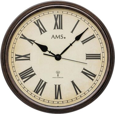 AMS Funk Wall Clock Villach 5977, Vintage, antique metal case, large, for living room, bedroom, with mineral glass