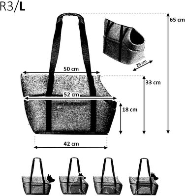 Сумка-переноска для собак та котів | Сумка на плече для тварин з гумкою та карабіном | до 15 кг | Матеріал: штучний замш (Velvet) | Розмір: L | Чорний колір, 42 x 29 x 33 см
