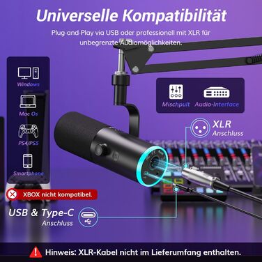 Професійний USB/XLR мікрофон TONOR TD510 AIR S+H для стрімінгу та подкастів з AI шумозаглушенням, RGB підсвіткою, кріпленням-пантографом, чорний