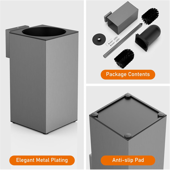 Набір для чищення унітазу з нержавіючої сталі 304, комплект з щіткою та тримачем для стіни, 2 насадки (сірий квадрат)