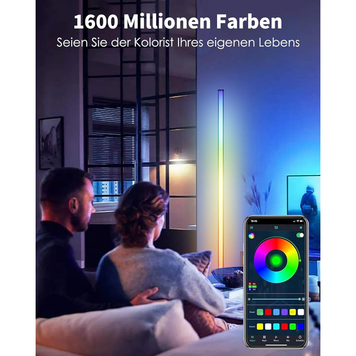 LED-підлогова лампа WISIMMALL з RGBIC підсвічуванням, 170 см, диммування, керування пультом/додаток, 16 млн кольорів, 300 режимів, музичний синхронізатор для вітальні, спальні, ігрової кімнати