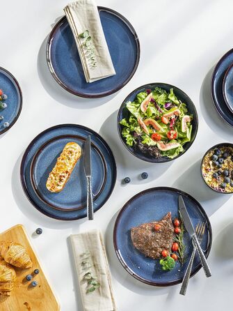 Набір посуду LeRatio на 6 осіб, 18 предметів, керамічний, реактивна глазур, блакитний, для сервірування столу, стійкий до подряпин, придатний для миття в посудомийній машині та використання в мікрохвильовій печі