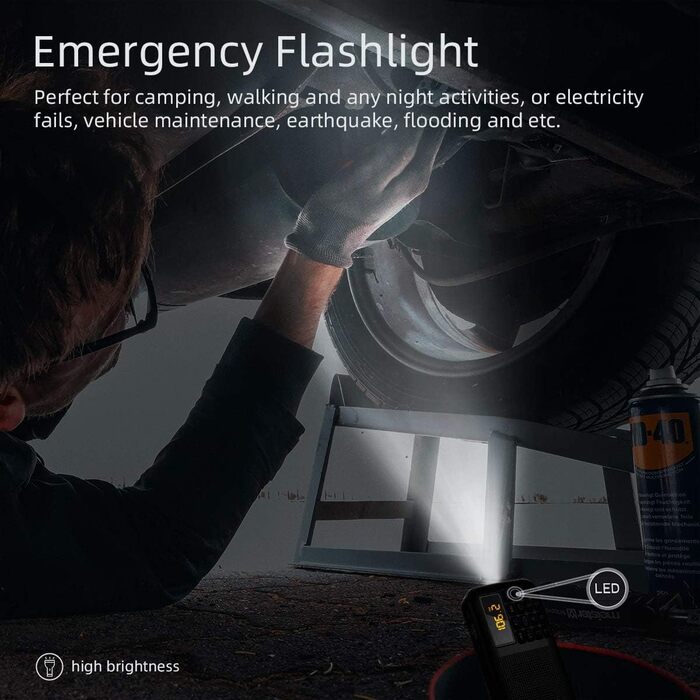 PRUNUS J-725 FM/UKW радіо: цифрове, з акумулятором 3000mAh, портативне, з USB/SD/TF/AUX, радіо-годинник, з аварійним освітленням (чорний)