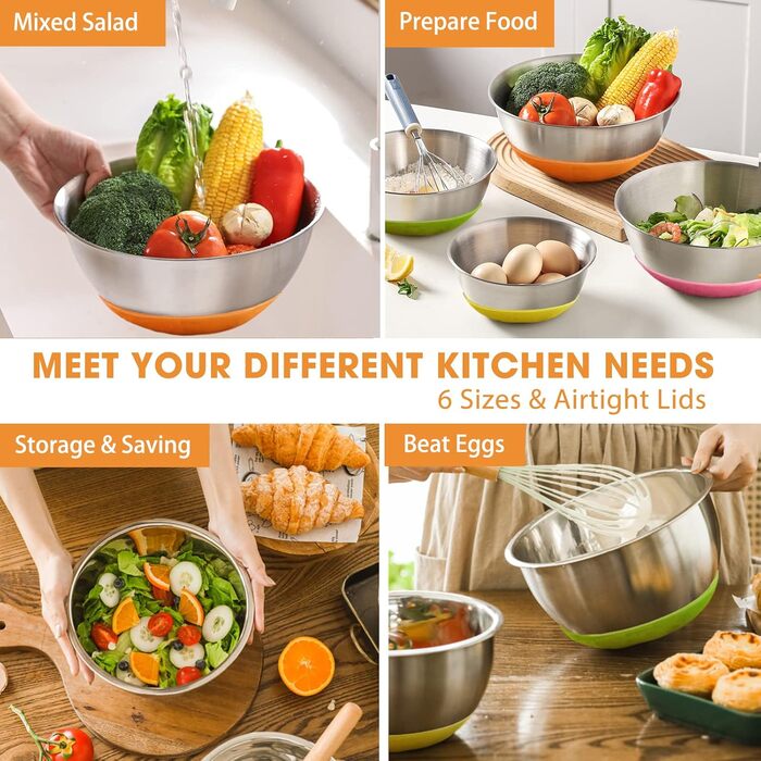 Umite Boss Mixing Bowls with Airtight Lids, 6-Piece Stainless Steel Metal Bowls by Chef, Measuring Markings and Colorful Non-Slip Bottoms, Sizes 7, 3.5, 2.5, 2.0, 1.5, 1 QT, ideal for mixing