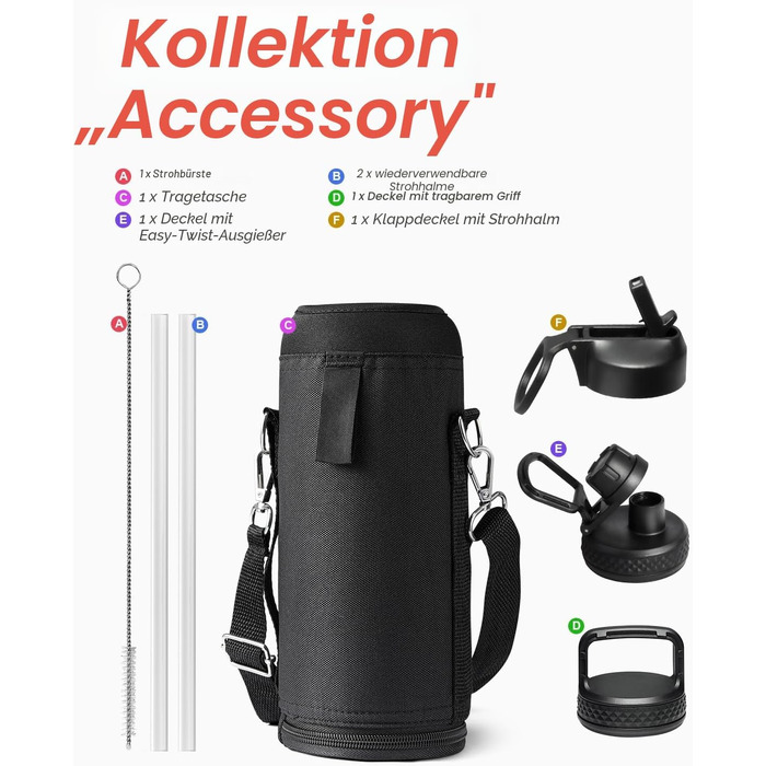 Термофляга Coolflask 1180 мл з трубою та 3 кришками, вакуумна металева пляшка для води для спорту та офісу, чорна