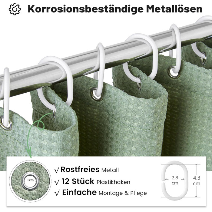 Шторка для душу BTTN вафельна, 180x200 см, антигрибкова, важка, водонепроникна, текстильна, з 12 гачками, зелена