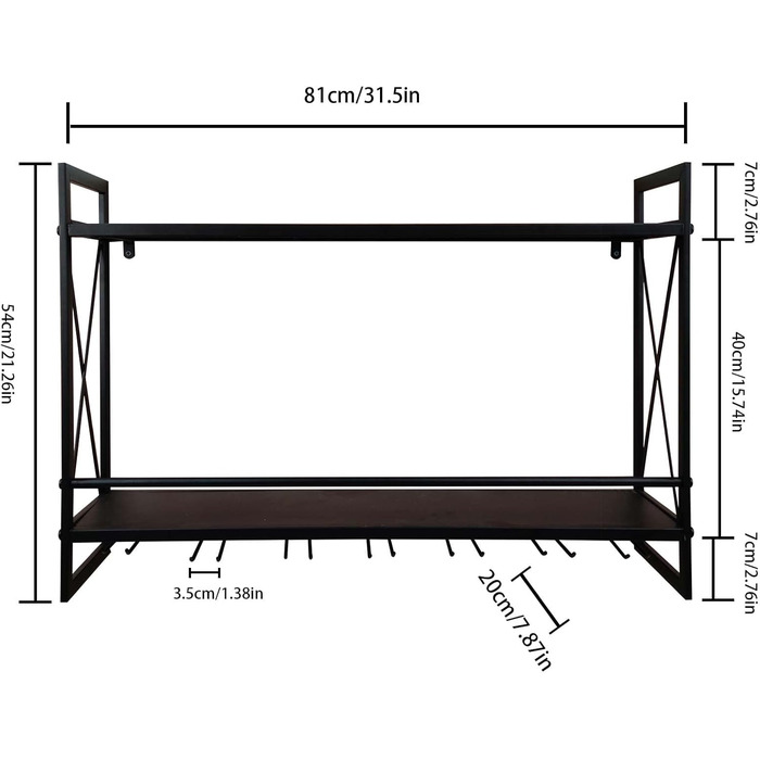 Industrial Wall Wine Racks with Glass Holder, 31.5 Inch Rustic Metal Multi-Purpose Shelves, 2-Tier Wall Mount Hanging Shelf, Wine Rack, Wine Accessories, Bottle Holder, Glass Shelf, Wall Shelf