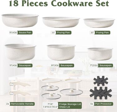 Набір посуду SODAY 17 предметів: каструлі та сковорідки з антипригарним покриттям, знімні ручки, для індукційних плит, сумісний з духовкою, сталевий колір