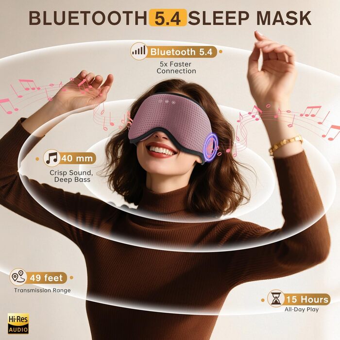 Маска для сну Dolida з Bluetooth навушниками V5.4, рожева. Комфортна маска з 3D-подушечками для очей та мікрофоном для бічних положень, подорожей та денного сну