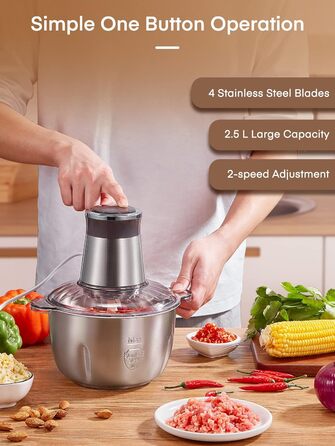Електричний подрібнювач FOHERE для кухні, 350W, з чашею 2.5л з нержавіючої сталі та 2 швидкостями, 4 леза з нержавіючої сталі для м'яса, цибулі та овочів