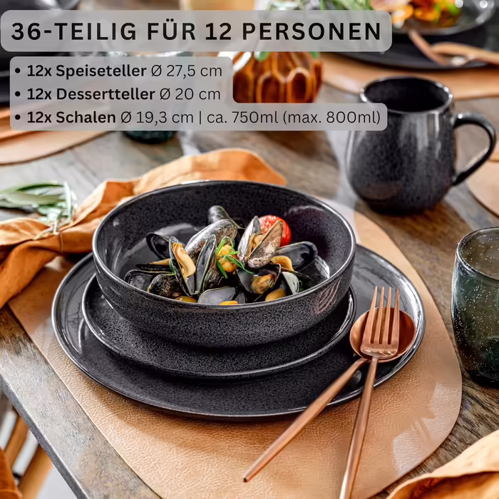 SÄNGER | Teller Set Bali 36-Piece, Dinnerware Set for 12 People, Stoneware Plates, Dinnerware including Dinner Plates, Dessert Plates & Deep Plates, Dinner Plates, Table Service Dark Gray with Dark Grain Bali Dinnerware Set 36-Piece