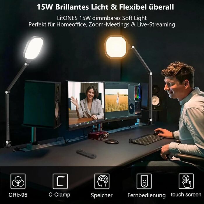 Світлодіодна лампа настільна з регулюванням яскравості, захистом для очей, 3 режими кольору, сенсорне керування, пам'ять, 15W, поворотний кріплення, чорний колір, 1 шт.