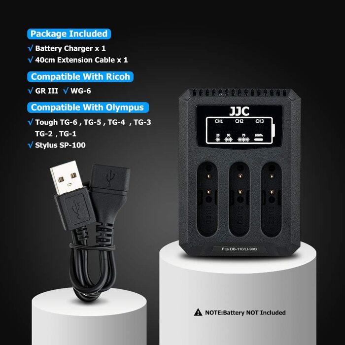 Зарядний пристрій JJC USB, трипортовий адаптер для камер Ricoh GRIII WG-6, Olympus Tough TG-6, TG-5, TG-4, TG-3, TG-2, TG-1, Stylus X-Z2 iHS, SP-100 та Olympus/Ricoh Olympus LI-90B/Ricoh DB-110