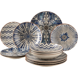 MÄSER 934017 Iberico Blue 12-piece tableware set for 4 people in Moorish style, plate set with various vintage patterns in white and blue, stoneware