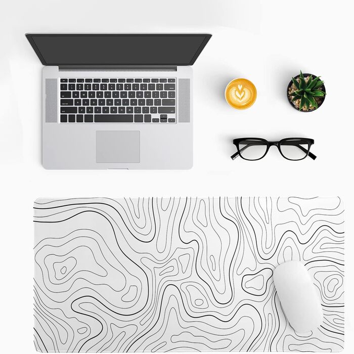 Мат для миші Japanische e Meereswelle, абстрактний дизайн, 80x20 см, хвиля, нековзна гумова основа, великий килимок для миші, для офісу та дому (біла топографічна лінія)