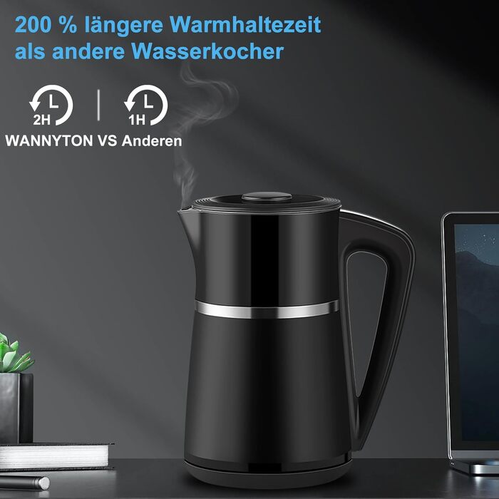 Електричний чайник WANNYTON з регулюванням температури 40-100°C, 1.7 л, 2200 Вт, чорний