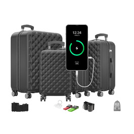 Преміум набір валіз 4 шт. з жорстким корпусом, TSA-замком та USB-портом – Плюс ваги для валіз, ремені, адресники, тримач для напоїв, чохол для взуття, захисні чохли (Чорний)