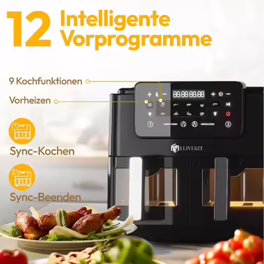 LLIVEKIT Dual Zone Hot Air Fryer with Viewing Window, 9L XXL Air Fryer without Oil, Air Fryer with 9-in-1 Cooking Presets, 2 Drawers, Touchscreen, Smart and Timer Function, Healthy Fryer and Low-Fat 9L Black | Dual Zone