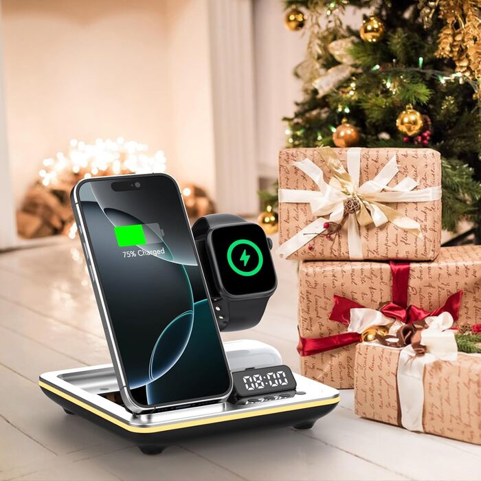 Багатофункціональна зарядна станція Hatalkin 5 в 1 для iPhone, Apple Watch та AirPods Pro. З функцією будильника та нічника, срібна