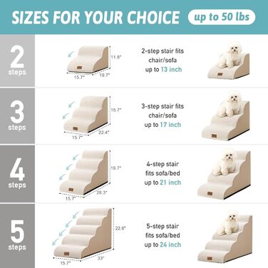 Dog Stairs for Small Dogs 50cm, Pet Stairs for Bed made of High-Density Sponge, Dog Stairs Dog Ramp with Washable Cover and Non-Slip Bottom, 40x72x50cm, 4 Steps, Beige