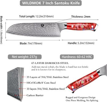 Ніж кухонний WILDMOK Santoku 17 см, професійний японський ніж з дамаської сталі VG10, червона рукоятка