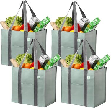 VENO 34 Liter Large Shopping Bag Foldable with Sturdy Bottom and Front Pocket, Reusable Shopping Bags Water-Repellent Tote Bag Shopping Basket for Shopping Picnic (Light Green, 4-Pack)