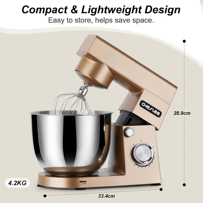 Кухонна машина Cheflee 1500W з місткими чашами з нержавіючої сталі (4.5L, 5.5L) та 10+ швидкостей, набір насадок (міксер, гак для тіста, вінчик, захист від бризок) (Золота)