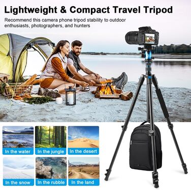 Штатив для камери DSLR та смартфона 195,6 см, алюмінієвий компактний штатив для подорожей з панорамною 360° кулеподібною головкою, 2 QR-платформами та сумкою (синій)
