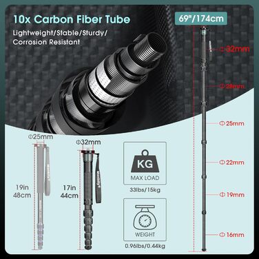 Монопод Manbily 32мм для камери: карбонове тренога, 44-174см, 6 секцій, з ручкою-ходунком, для DSLR, відеокамери, з кліпсою для телефону, сірий