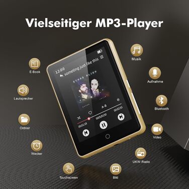 MP3-плеєр 32GB з Bluetooth 5.3 та динаміком, портативний Hi-Fi плеєр для дітей з 2.8-дюймовим сенсорним екраном, FM-радіо та диктофоном, підтримка TF-карт до 128GB (Золотий)