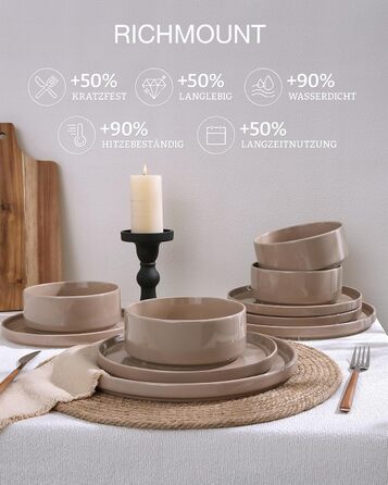 Набір посуду Nebula для 6 осіб, 18 предметів: тарілки та миски, керамічний набір Sprekel, сервіз, безпечний для мікрохвильової печі та посудомийної машини, колір кориця, 18 предметів