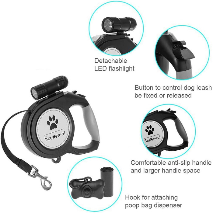 Висувна поводок для собак SCENEREAL – 7.8 м, з LED-ліхтариком та дозатором для відходів, до 50 кг, для середніх та великих собак
